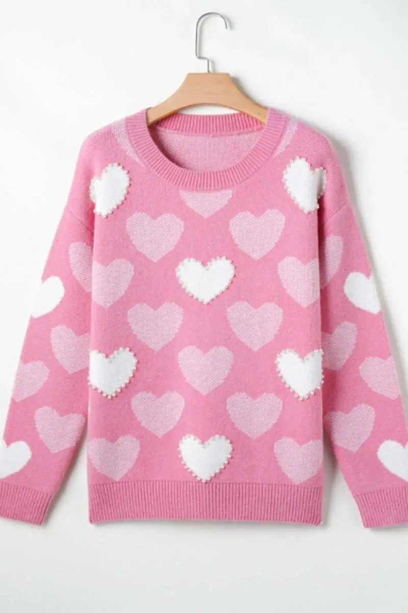 Sweaters Trendsi Pearl Trim Sweater Women's Date Night Heart Neck Long Sleeve Top