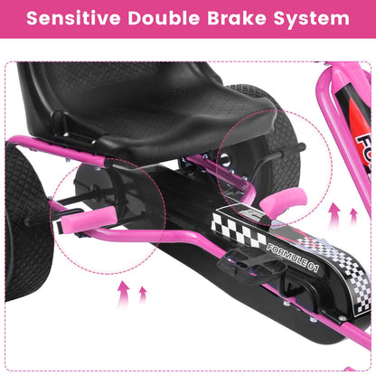 Pedal-Powered Pink Go Kart for Kids with Adjustable Seat - 4 Wheels Ride-On Toy