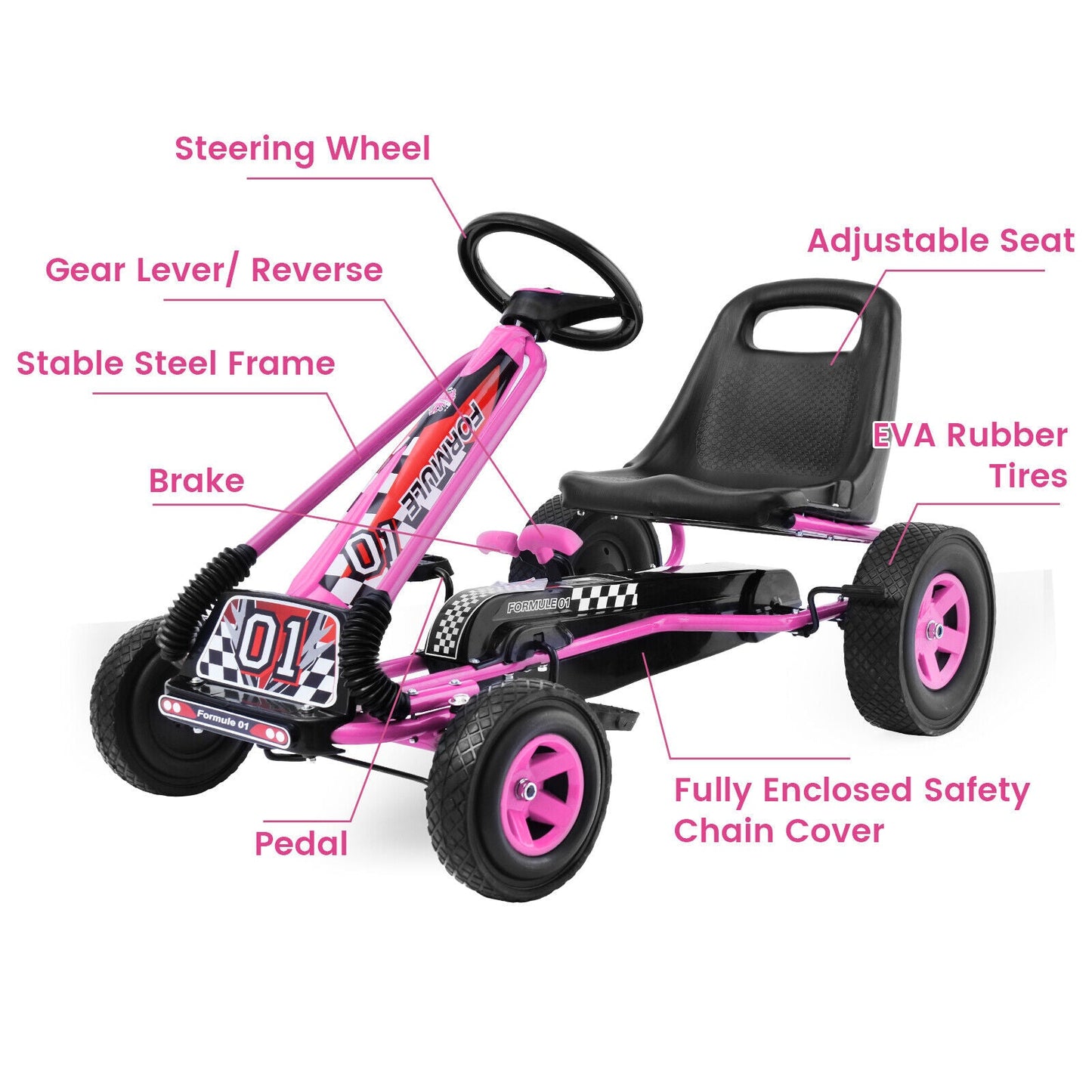 Pedal-Powered Pink Go Kart for Kids with Adjustable Seat - 4 Wheels Ride-On Toy