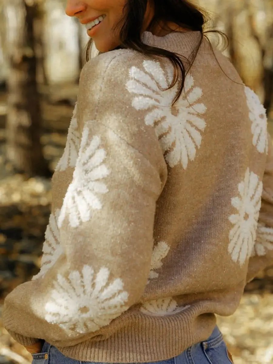 Women's Sweater - Flower Knit - Round Neck Long Sleeve