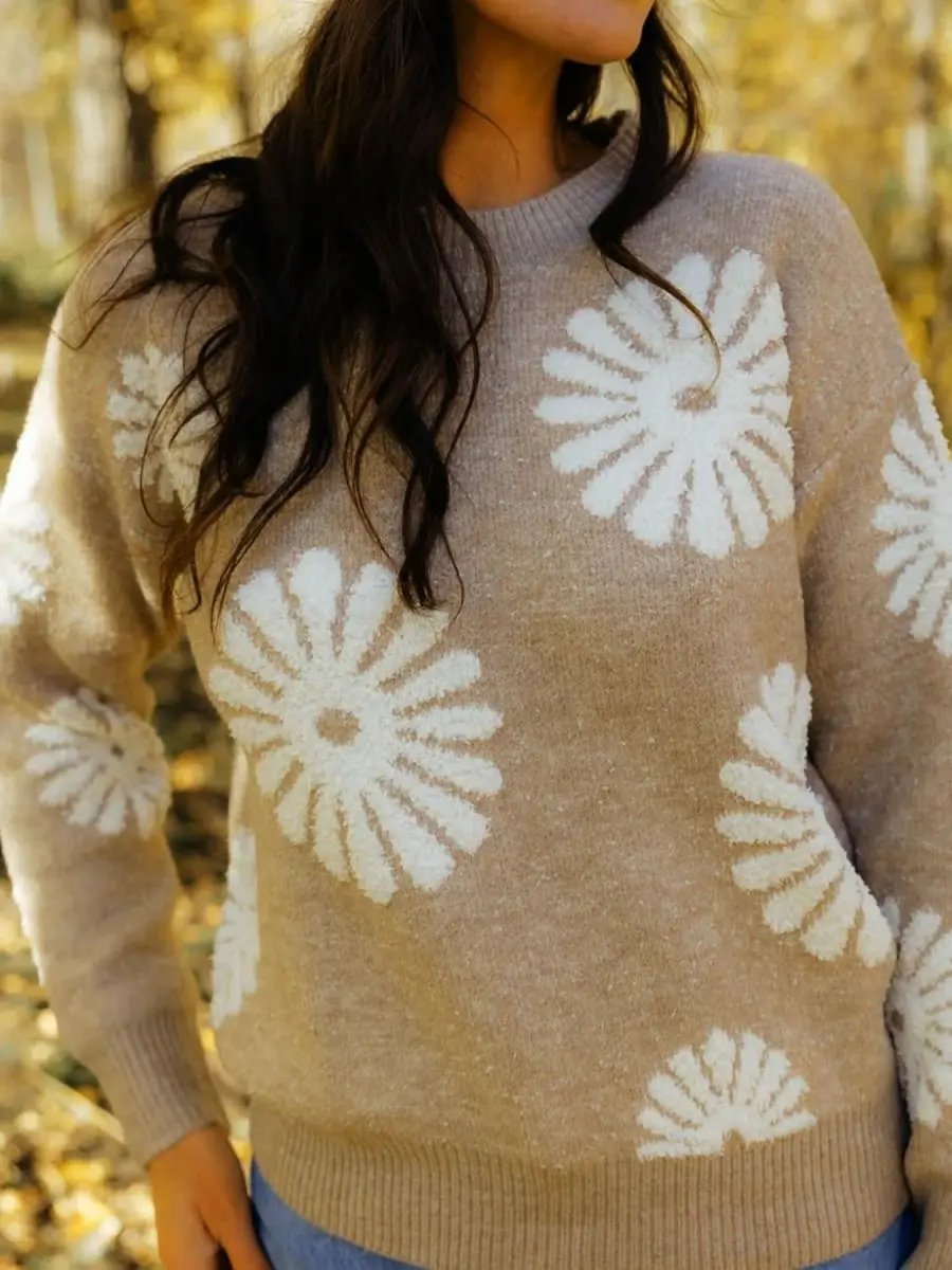 Women's Sweater - Flower Knit - Round Neck Long Sleeve