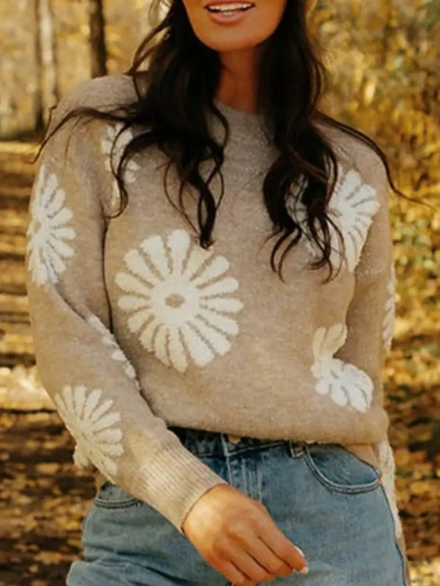 Women's Sweater - Flower Knit - Round Neck Long Sleeve