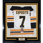 Framed Autographed/Signed Phil Esposito 35x39 Boston White Hockey Jersey JSA COA