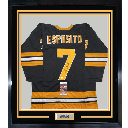 Framed Autographed/Signed Phil Esposito 35x39 Boston Black Hockey Jersey JSA COA