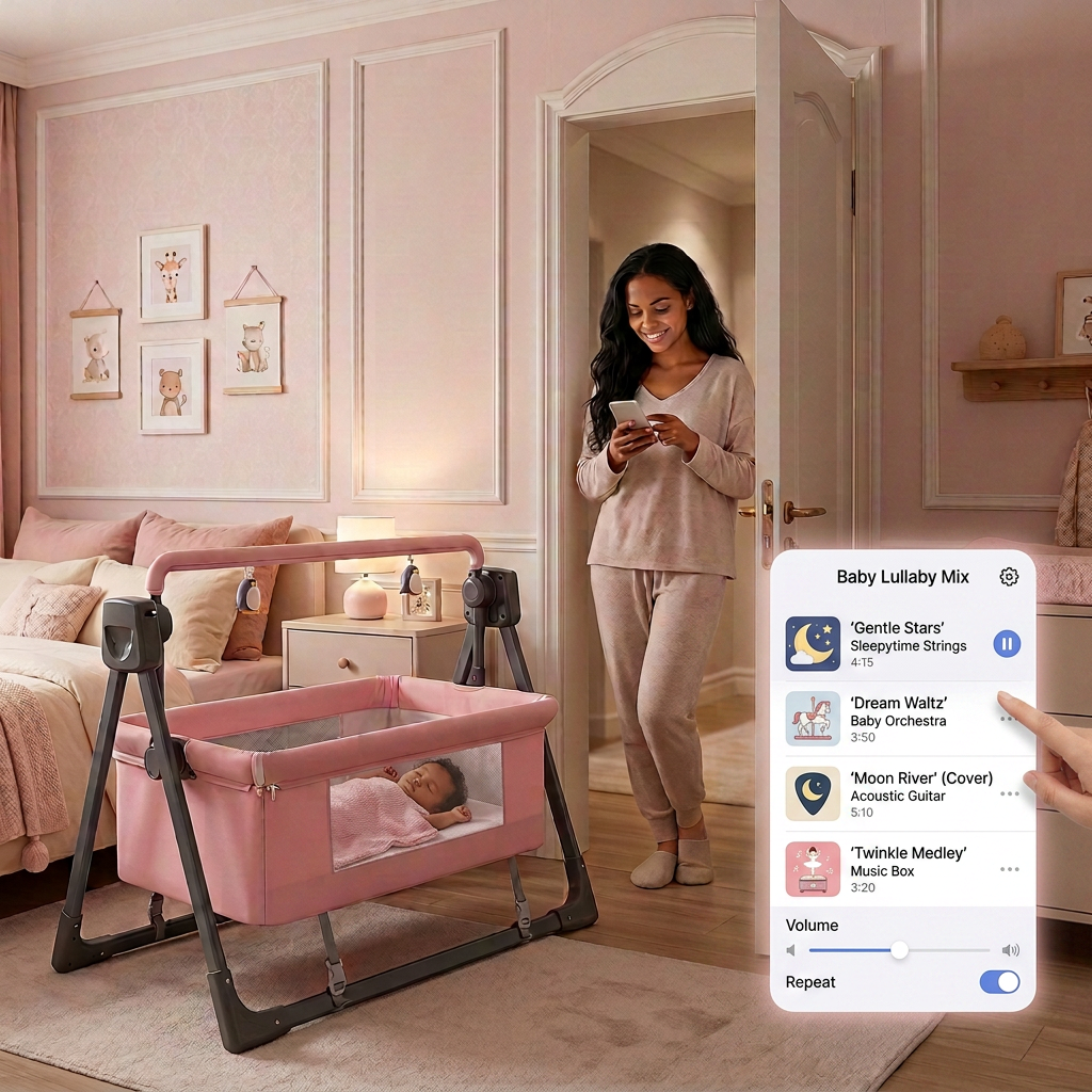 SmartBaby Multi-function Intelligent Electric Cradle – Pink | Bluetooth Music, Remote Control & Automatic Rocking Motion