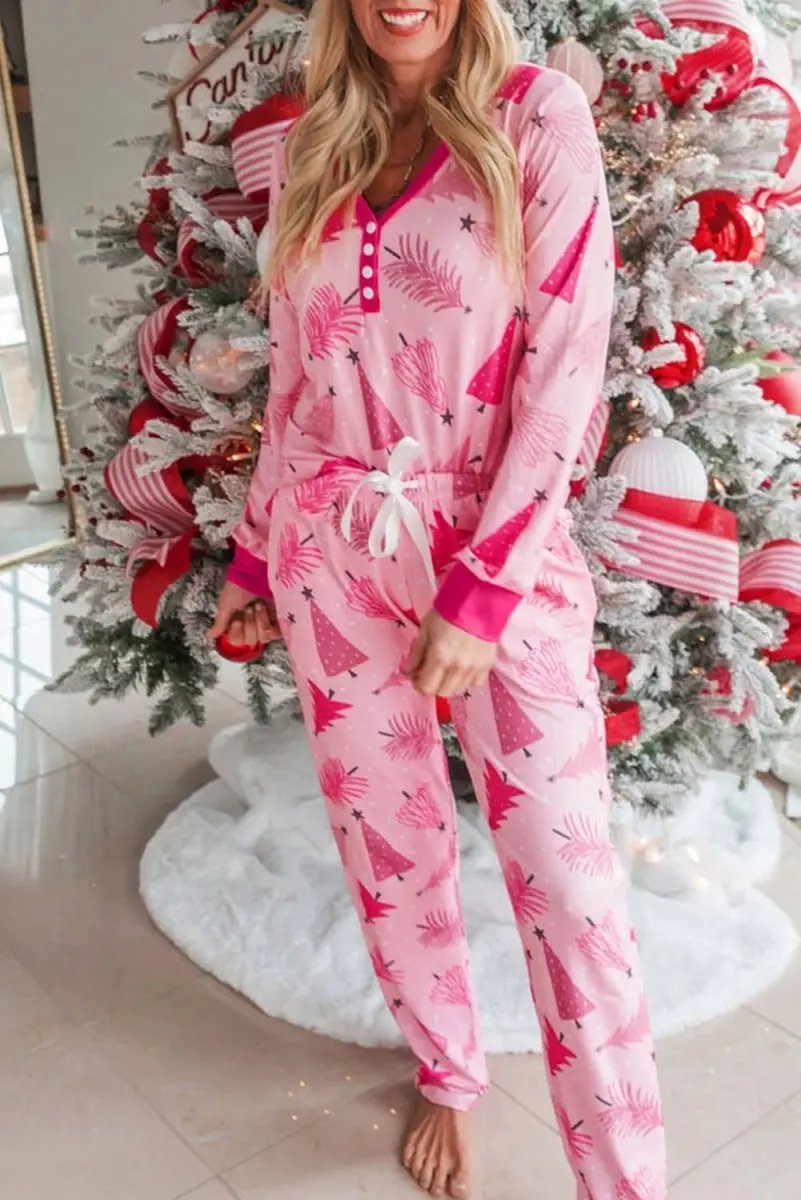 Pants Love Salve Pink Christmas Tree Women's Lounge Set Holiday Pajamas - Soft & Comfy
