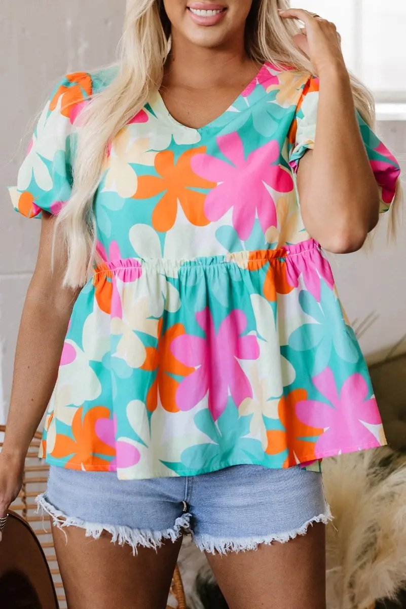 Accessories Love Salve Pink Floral Blouse Women's Daily Southern Belle Top: Puff Sleeve V-Neck