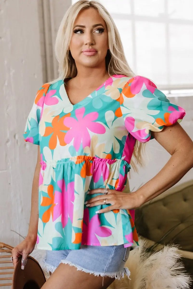 Accessories Love Salve Pink Floral Blouse Women's Daily Southern Belle Top: Puff Sleeve V-Neck