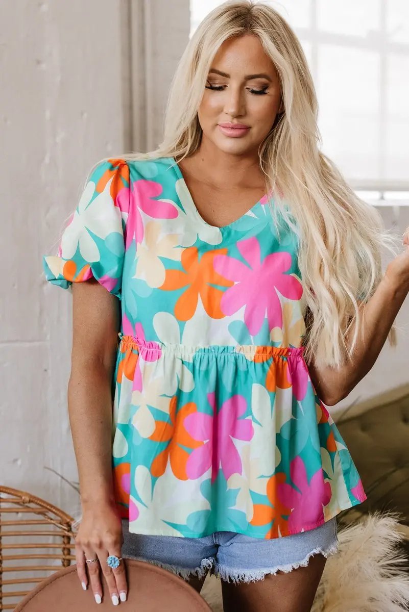 Accessories Love Salve Pink Floral Blouse Women's Daily Southern Belle Top: Puff Sleeve V-Neck