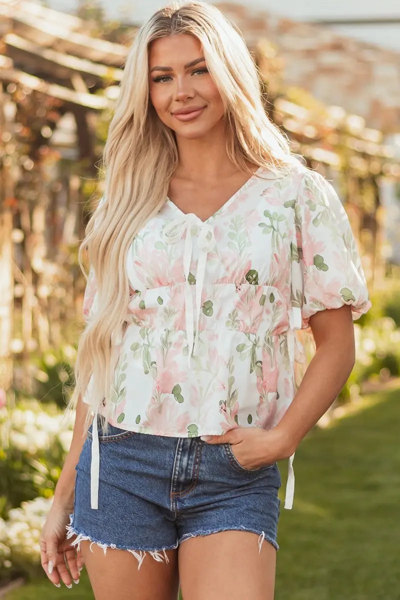 Accessories Love Salve Pink Floral Blouse Women's Summer Top V-Neck Peplum Puff Sleeve
