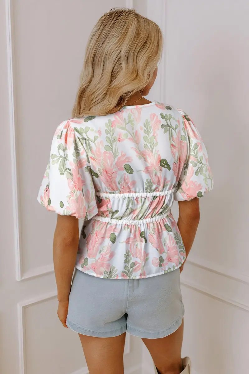 Accessories Love Salve Pink Floral Blouse Women's Summer Top V-Neck Peplum Puff Sleeve