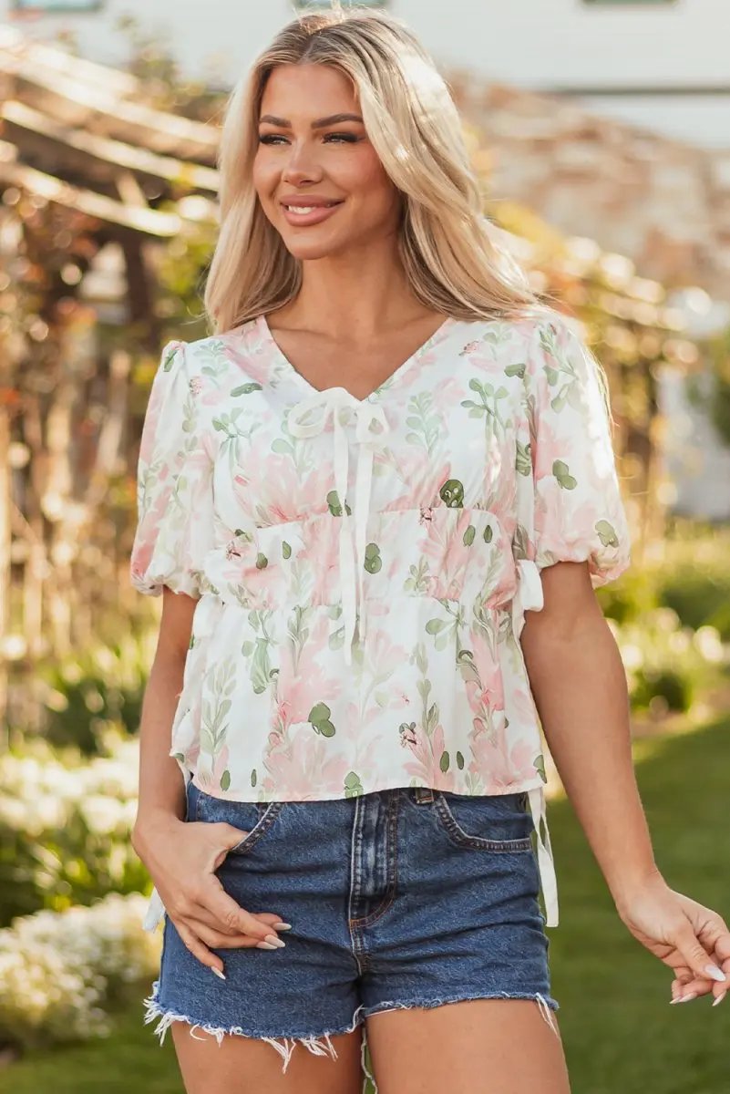 Accessories Love Salve Pink Floral Blouse Women's Summer Top V-Neck Peplum Puff Sleeve