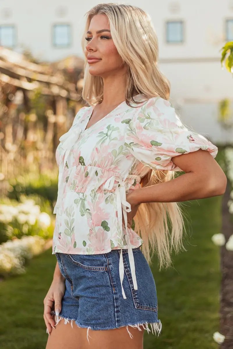 Accessories Love Salve Pink Floral Blouse Women's Summer Top V-Neck Peplum Puff Sleeve