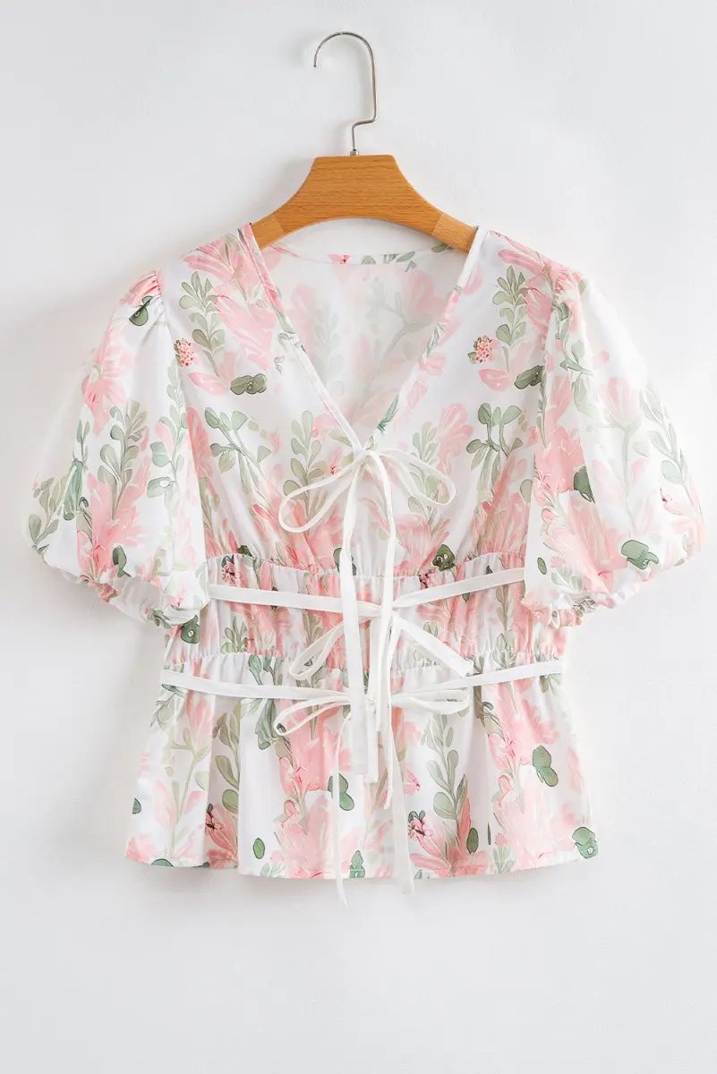 Accessories Love Salve Pink Floral Blouse Women's Summer Top V-Neck Peplum Puff Sleeve