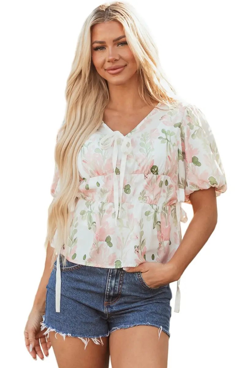 Accessories Love Salve Pink Floral Blouse Women's Summer Top V-Neck Peplum Puff Sleeve