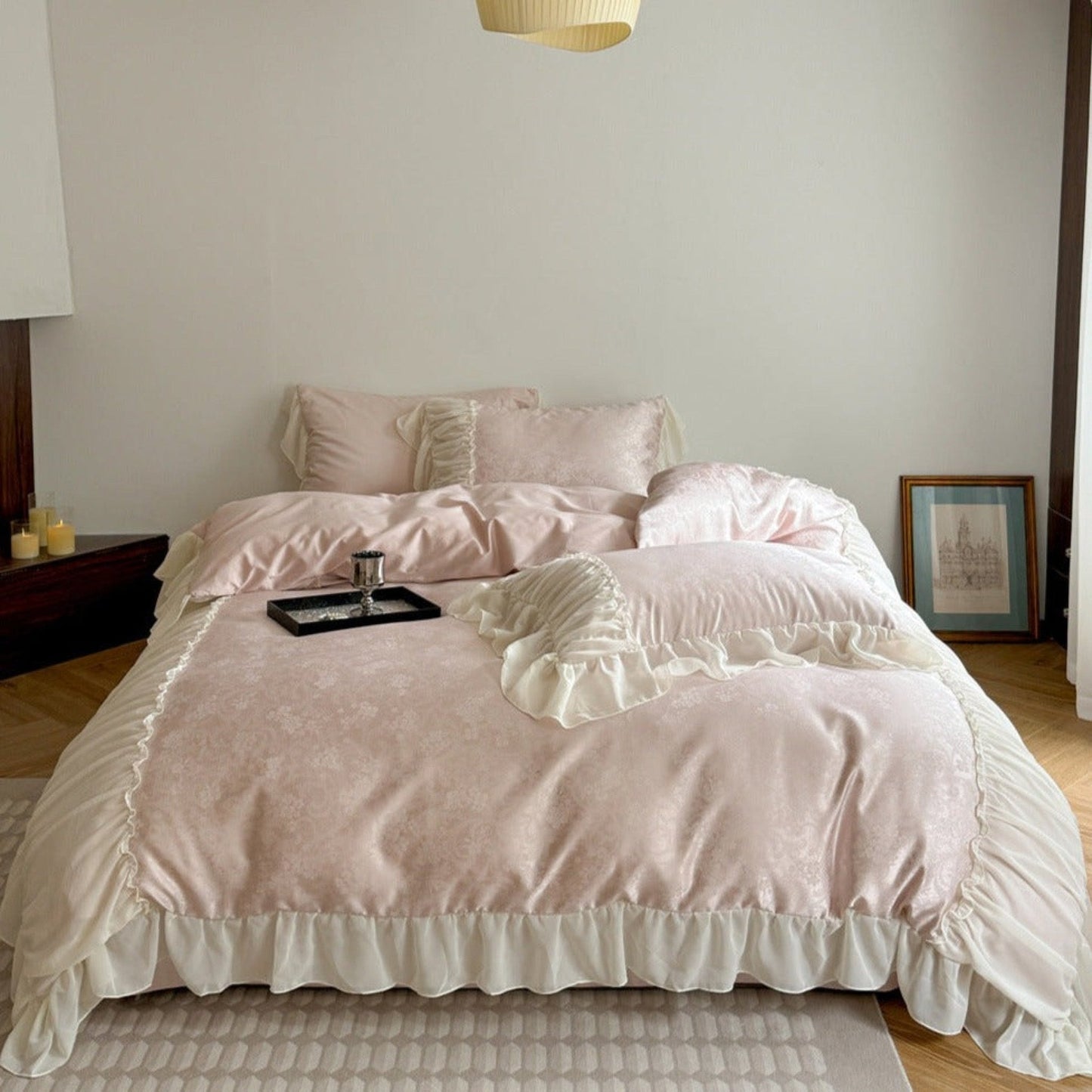 Pink Floral Ruffle Cottage Bedding Set