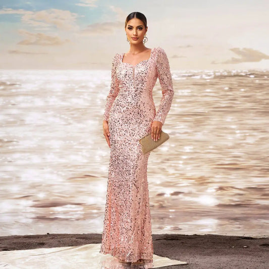 Pink Long Sleeve Sequined Sheath Fishtail Evening Dress