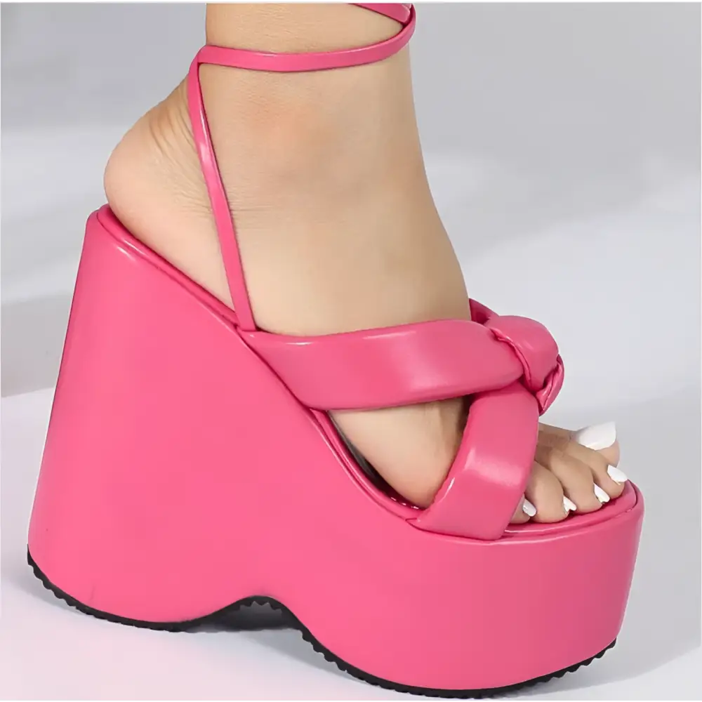 Pink Platform Wedge High Heel Ankle Tie Sandals