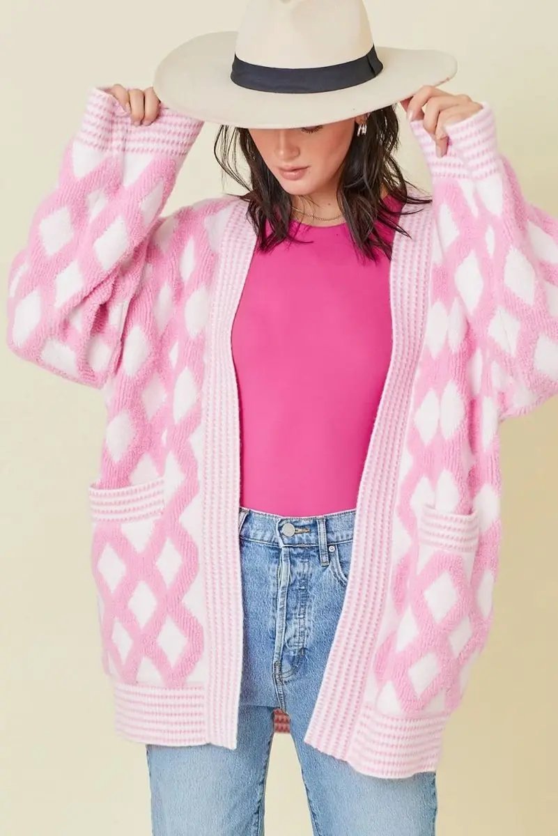 Love Salve Cardigan Sweater Pink Knit — Soft Open Front With Pockets