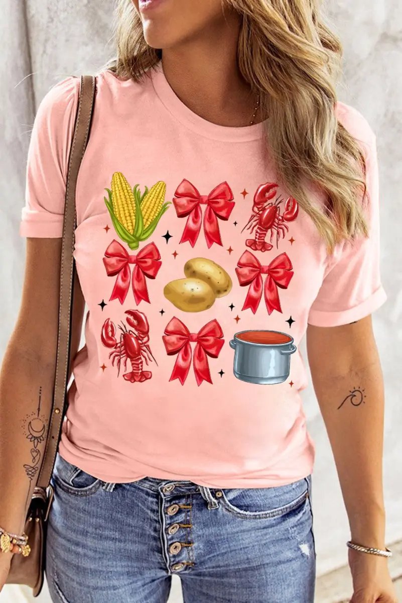 T-Shirts Love Salve Pink Crawfish Print Women's Tee Casual Summer Fashion Top