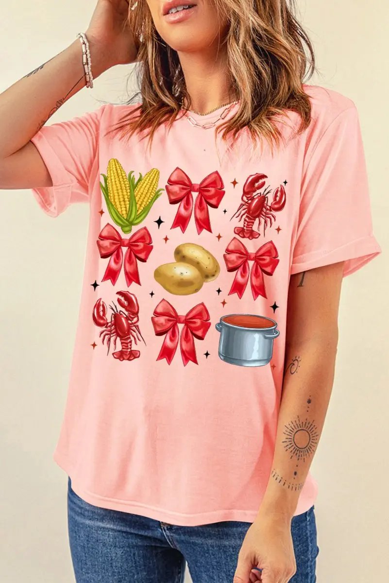 T-Shirts Love Salve Pink Crawfish Print Women's Tee Casual Summer Fashion Top