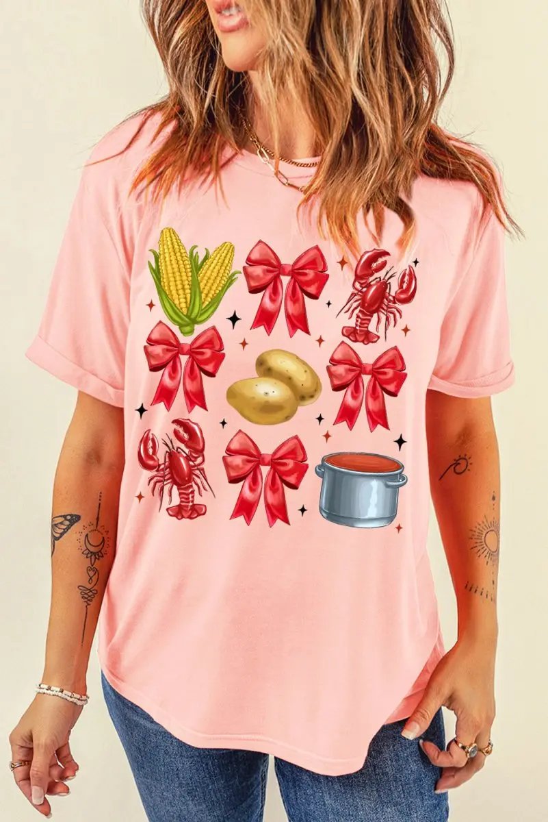 T-Shirts Love Salve Pink Crawfish Print Women's Tee Casual Summer Fashion Top