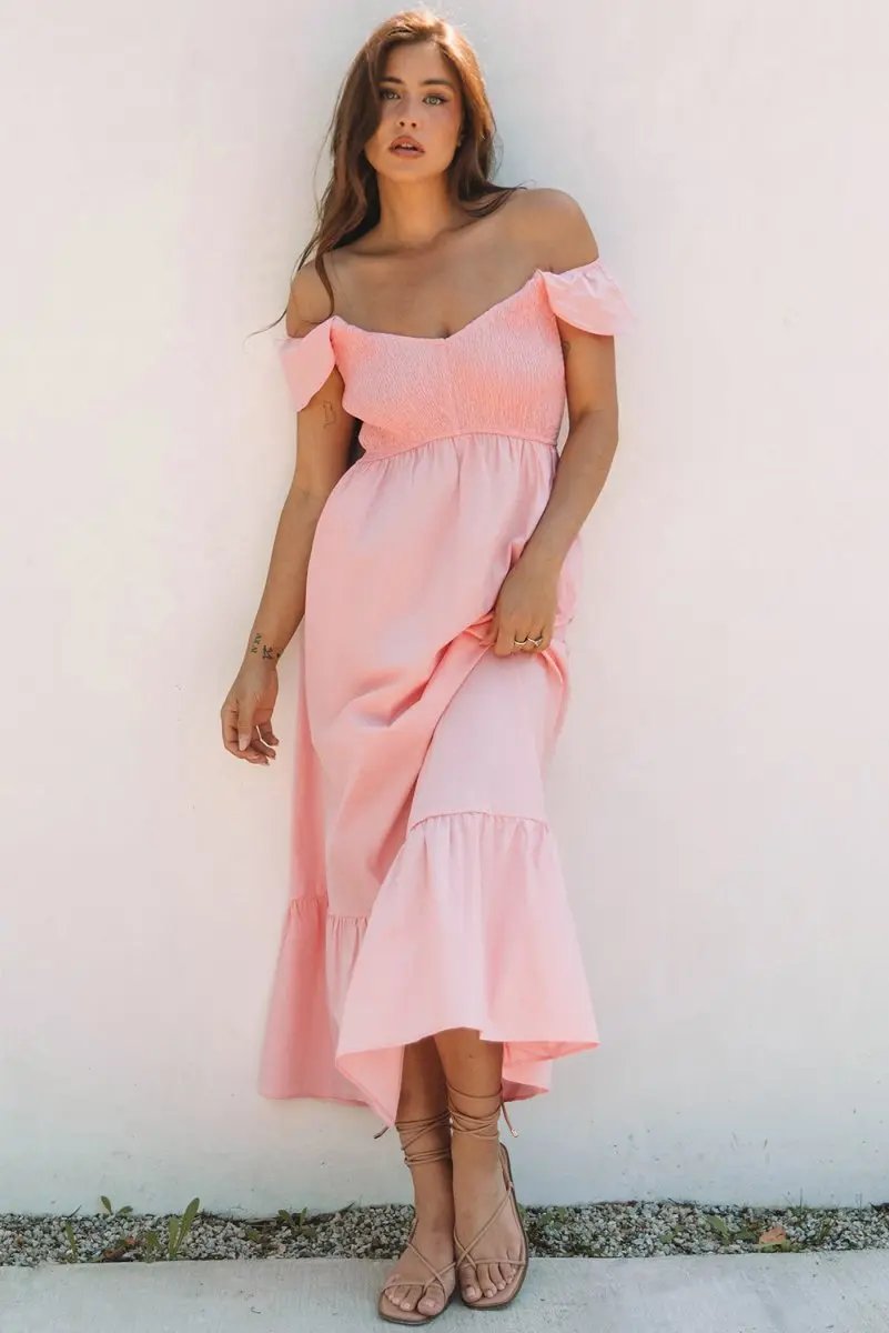 Dresses Love Salve Pink Maxi Dress Women's Vacation Wedding A-Line Smocked Dress