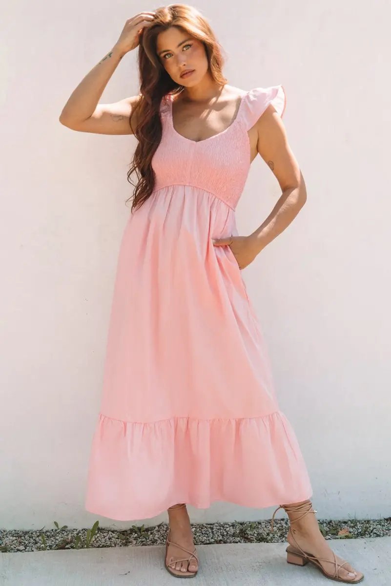 Dresses Love Salve Pink Maxi Dress Women's Vacation Wedding A-Line Smocked Dress