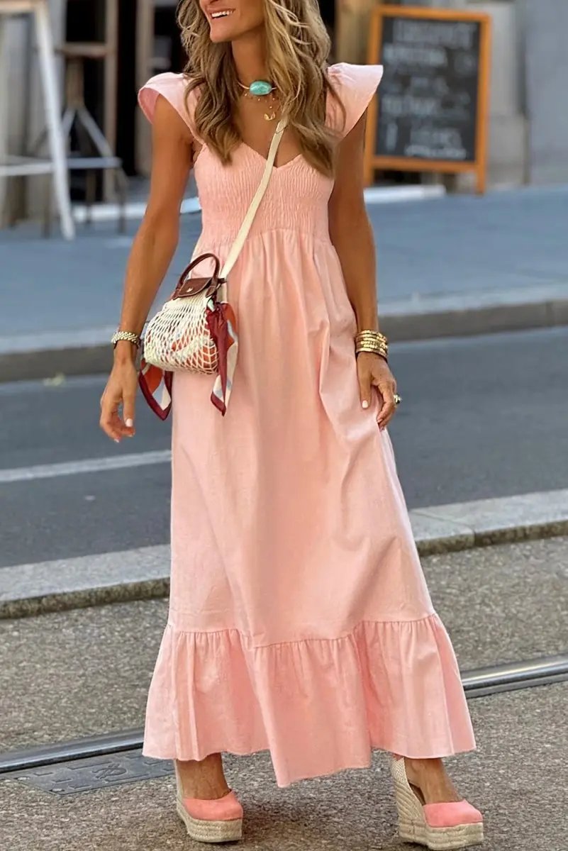 Dresses Love Salve Pink Maxi Dress Women's Vacation Wedding A-Line Smocked Dress
