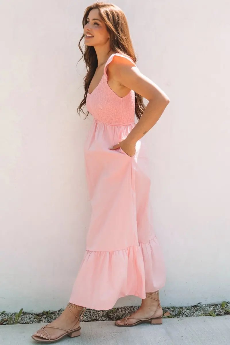Dresses Love Salve Pink Maxi Dress Women's Vacation Wedding A-Line Smocked Dress