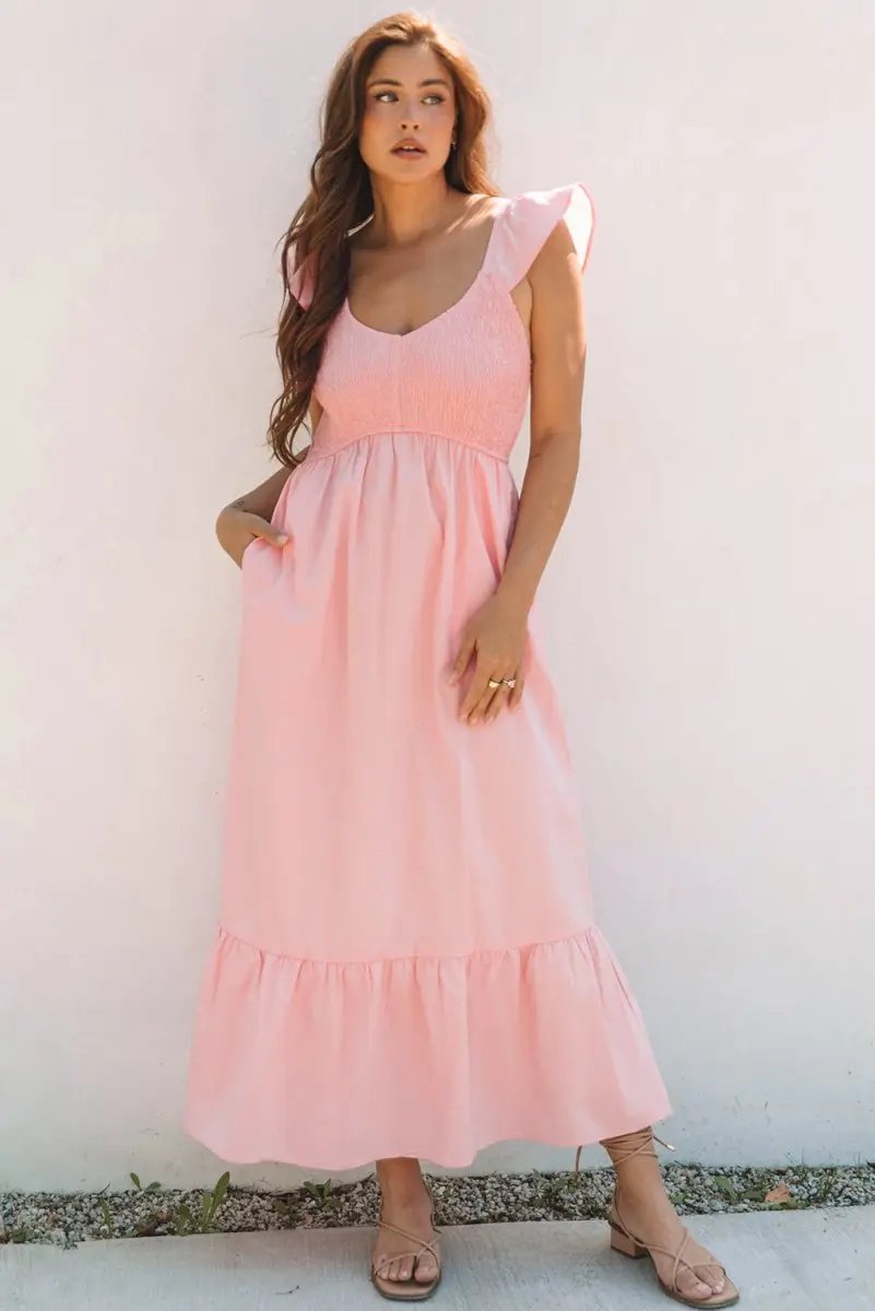 Dresses Love Salve Pink Maxi Dress Women's Vacation Wedding A-Line Smocked Dress