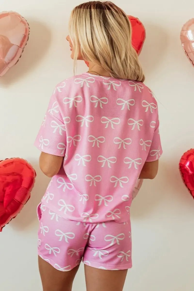 Pants Love Salve Pink Waffle Knit Set Women's Casual Daily Wear Shorts Set: Bowknot, V-Neck