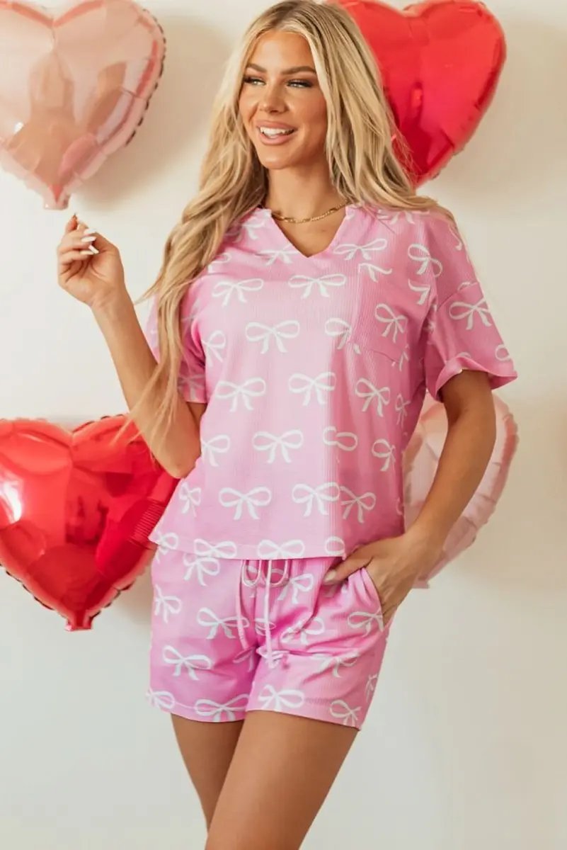 Pants Love Salve Pink Waffle Knit Set Women's Casual Daily Wear Shorts Set: Bowknot, V-Neck