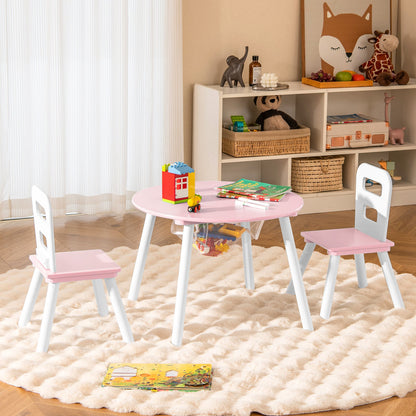 Wood Activity Kids Table and Chair Set with Center Mesh Storage for Snack Time and Homework-Pink