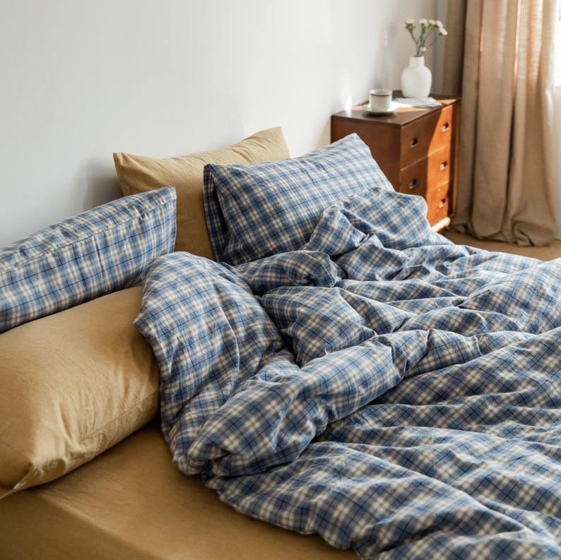 Plaid Bedding Set / Yellow + Mint Green