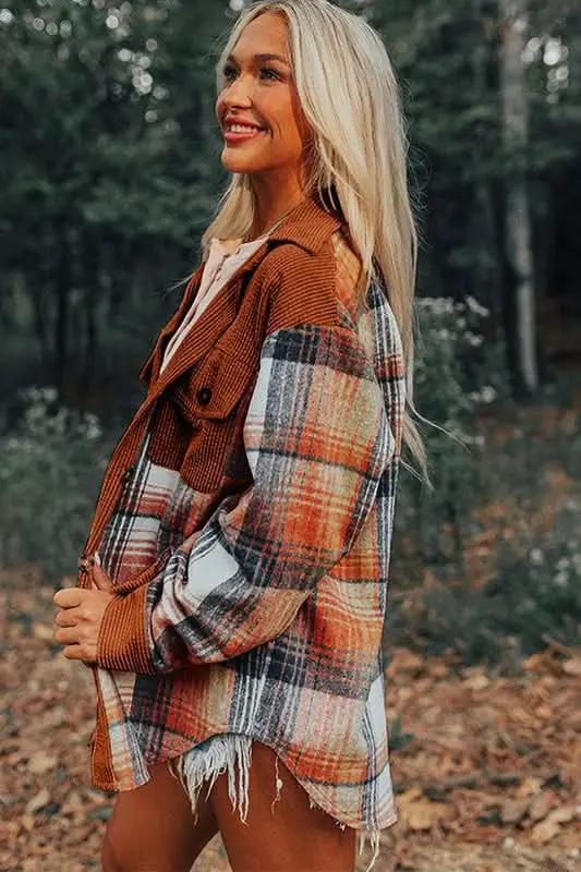 Women's Corduroy Shacket Shacket - Plaid Corduroy Pocketed - Women's Fall Layering