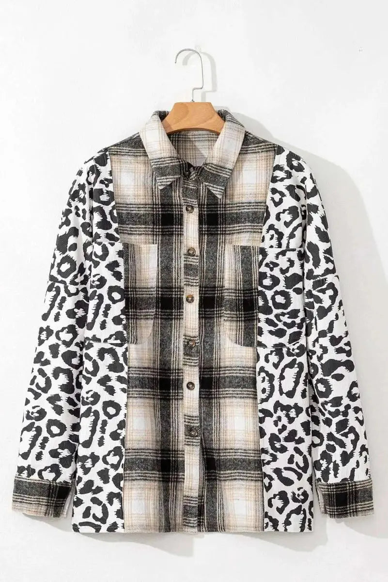 Trendsi Women's Plus Size Shacket Leopard Plaid Button Up — Casual Outerwear