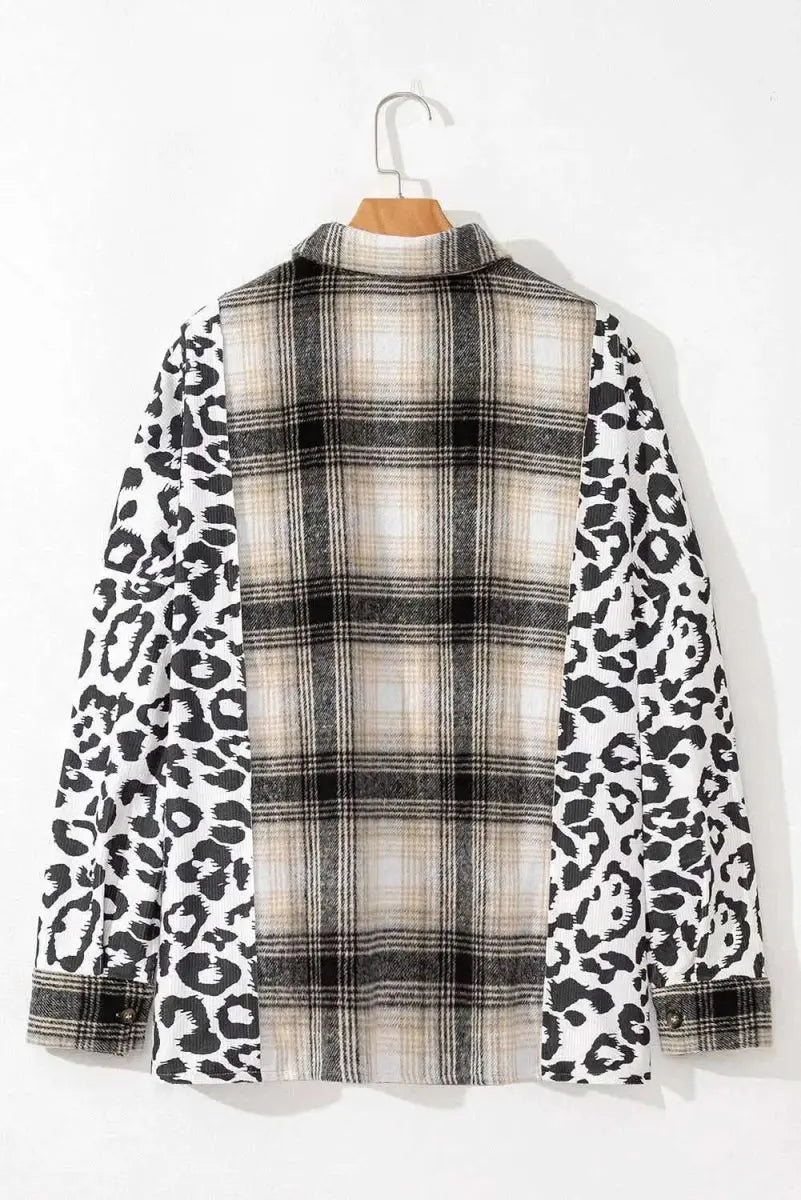 Trendsi Women's Plus Size Shacket Leopard Plaid Button Up — Casual Outerwear