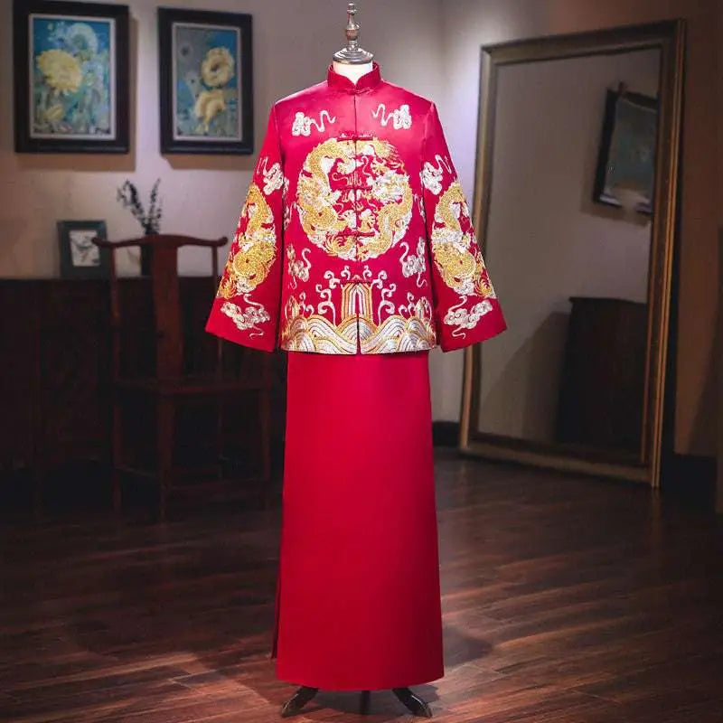 Plus Size Red Dragon Embroidery Slimming Toast Dress