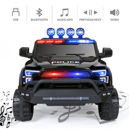 Interactive 12V Police Car Ride-On with RC, LED Lights, and Intercom - 6 Wheel Truck for Kids