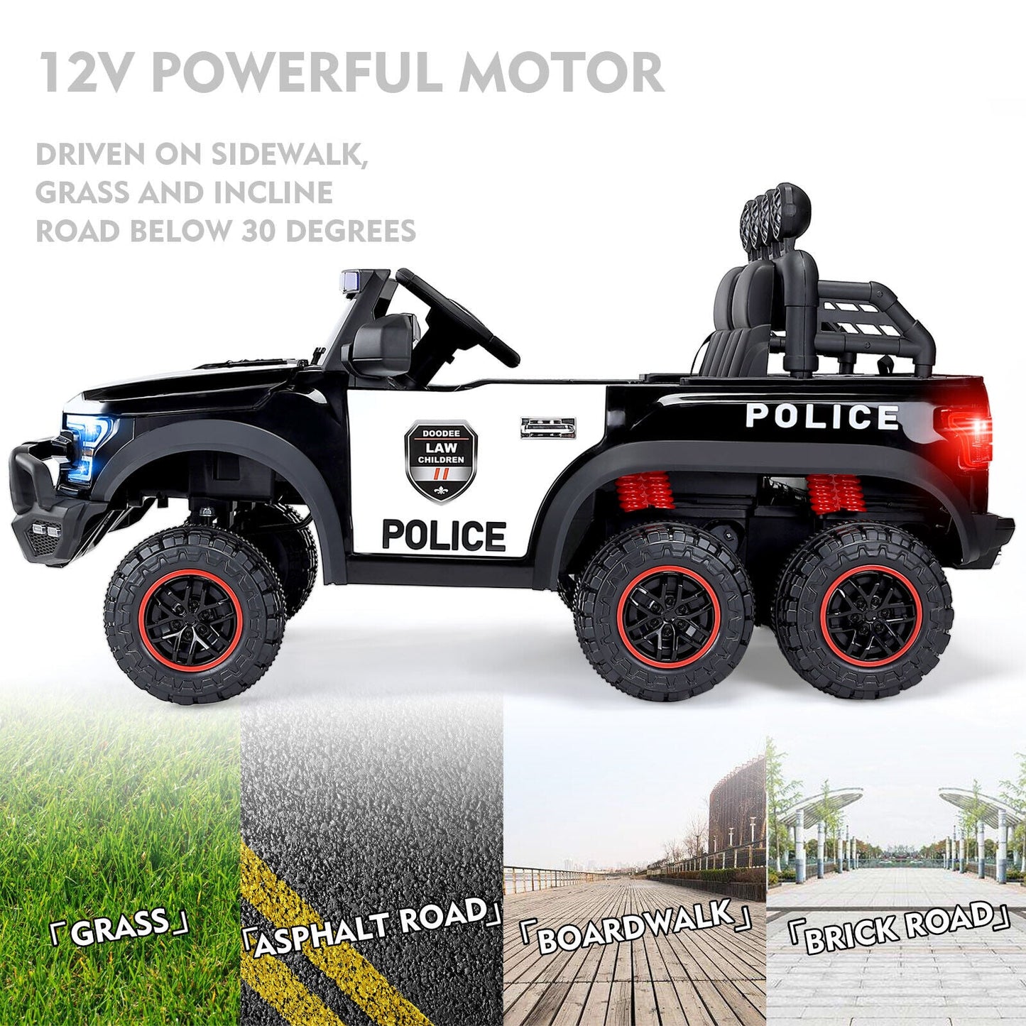 Interactive 12V Police Car Ride-On with RC, LED Lights, and Intercom - 6 Wheel Truck for Kids