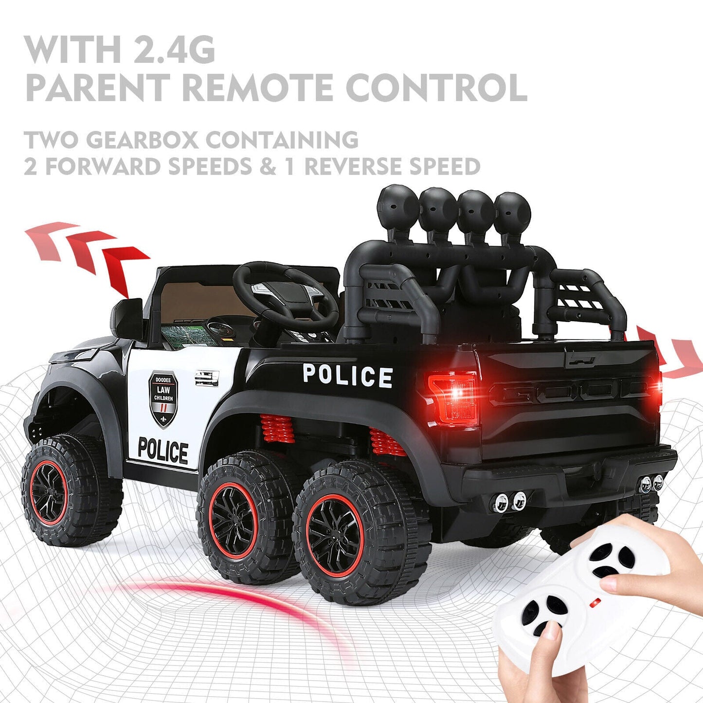 Interactive 12V Police Car Ride-On with RC, LED Lights, and Intercom - 6 Wheel Truck for Kids