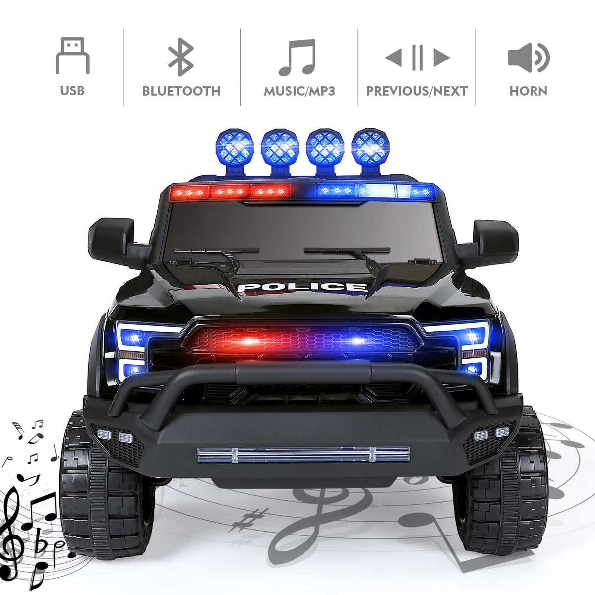 12V Electric Police Pickup Truck for Kids with Megaphone, Siren, and Flashing Lights - Remote Control Included