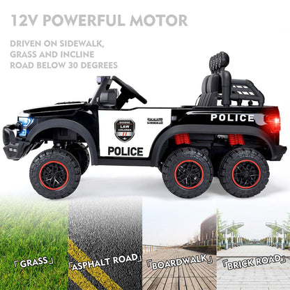 12V Electric Police Pickup Truck for Kids with Megaphone, Siren, and Flashing Lights - Remote Control Included