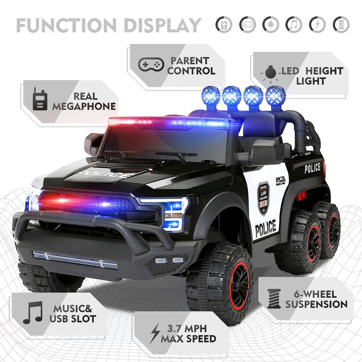 Electric Police Car Ride-On for Kids with 6 Wheels, LED Lights, Intercom, Siren, and Remote Control