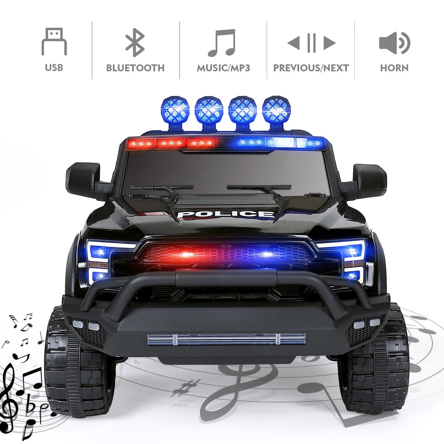 Electric Police Car Ride-On for Kids with 6 Wheels, LED Lights, Intercom, Siren, and Remote Control