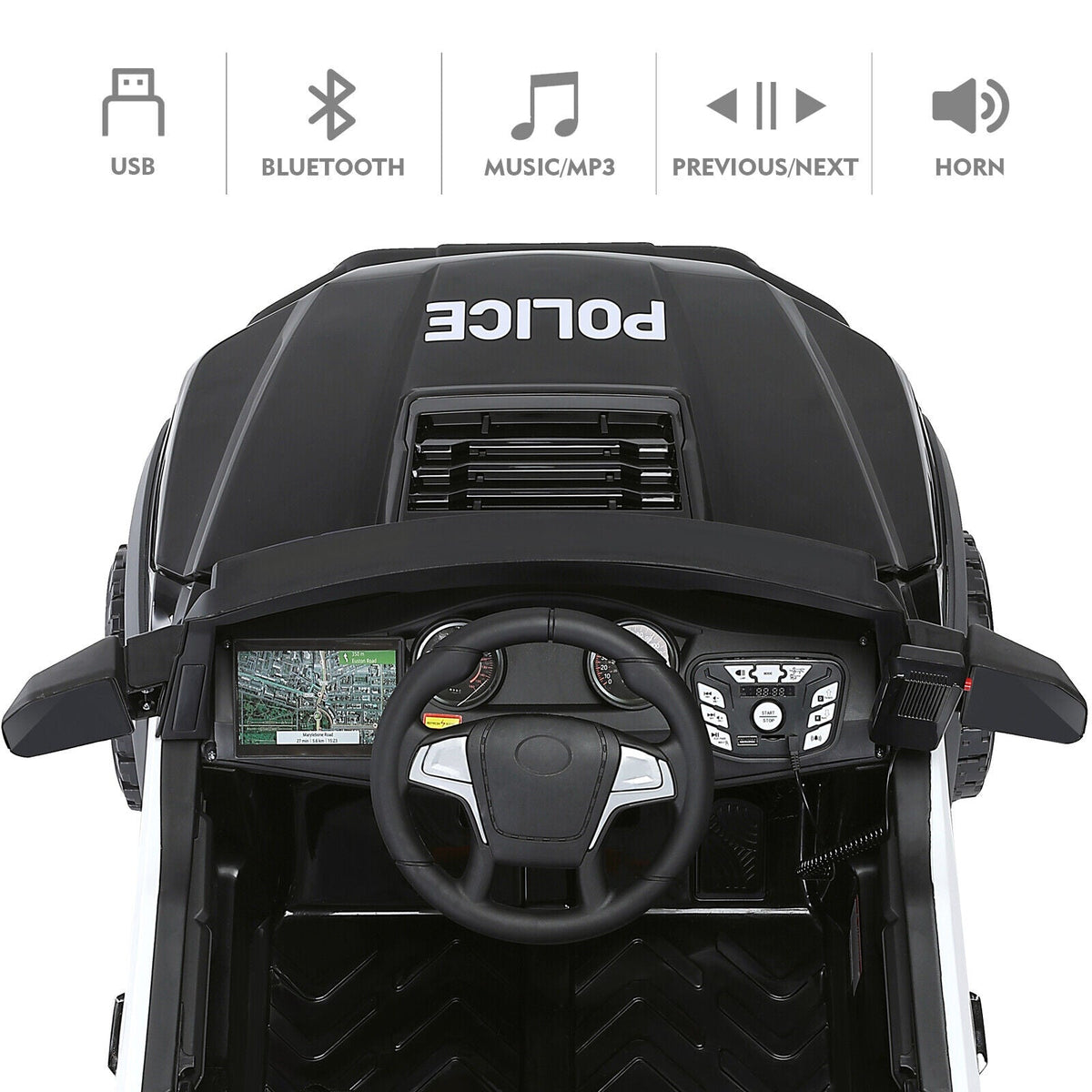 Police Car Truck for Kids with 12V Battery, 6 Wheels, LED Lights, Intercom, Siren, and Remote Control