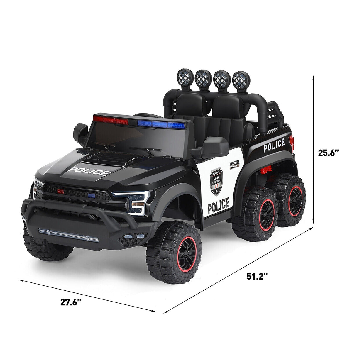 Police Car Truck for Kids with 12V Battery, 6 Wheels, LED Lights, Intercom, Siren, and Remote Control
