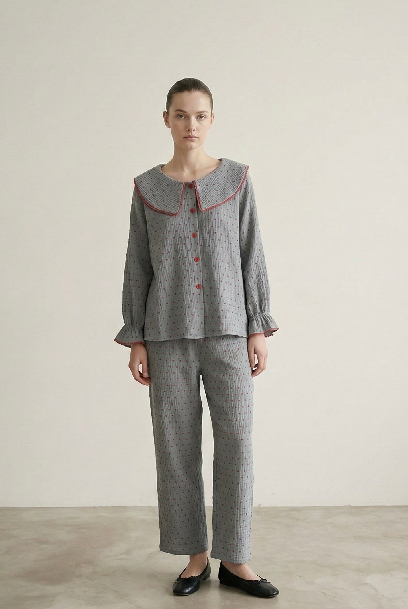 Polka Dot Cute Collared Pajama Set