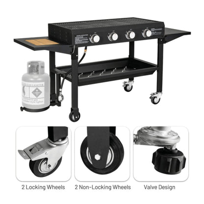 Portable Outdoor 60K BTU 4-Burner Propane Flat Top Gas Grill W/ Wheels (SAK66104)